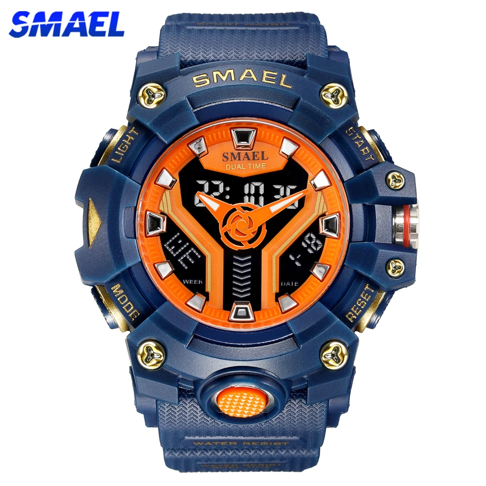 

Мужские спортивные часы с двойным дисплеем SMAEL, водонепроницаемые Роскошные Синие часы с зеркальной поверхностью, мужские кварцевые цифровые военные наручные часы для мужчин