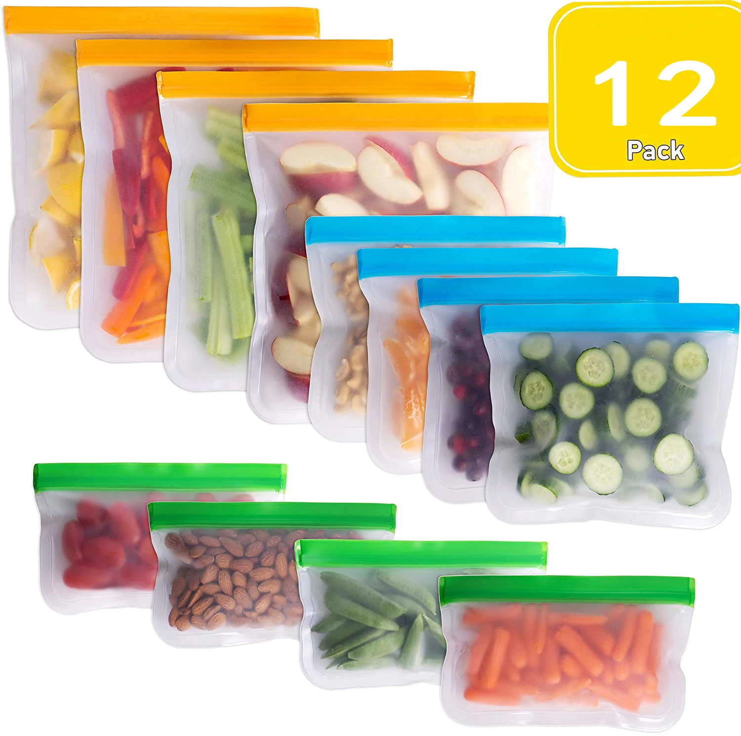 

12pcs Reusable Food Storage Bags Flat Freezer Bags Gallon Leakproof Sandwich Grade Snack Bags Lunch Bag for Meat Fruit Veggies