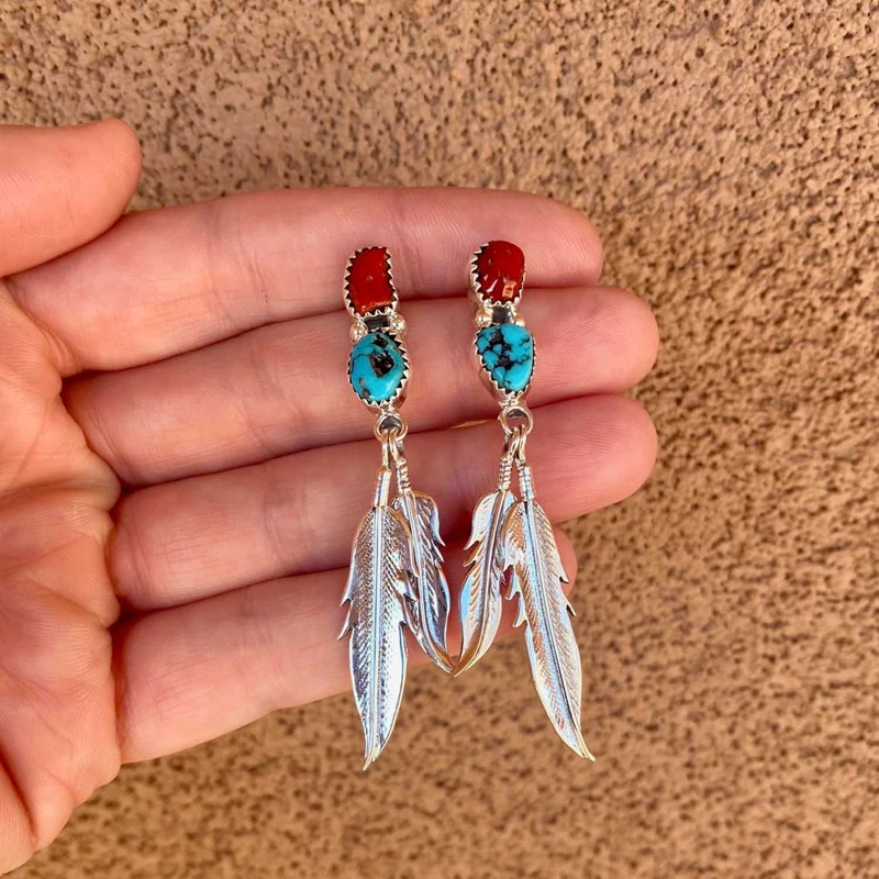 

Silver Color Feather Drop Earring For Women Red And Blue Pine Stone Eardrop Animal Accessories Vintage Dangler Party Gift