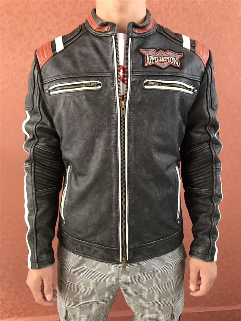 

Super Offer! AFF-01 Read Description! Asian Size Mans Genuine Cow Leather Rider Coat Embroidery Cowhide Biker Jacket