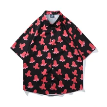 Sycpman Hong Kong Style Vintage Bell Flower Full Print Short Sleeve Shirt Men and Women for Hip Hop Summer Sale Beach Shirts