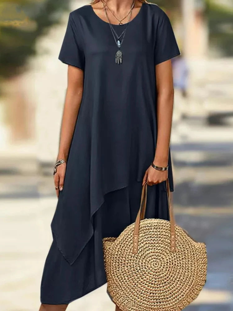 Women's Short Sleeve Round Neck Casual Asymmetric Hem Solid Color Midi Dress Chic and Elegant Woman Dress Women Clothing
Women's Short Sleeve Round Neck Casual Asymmetric Hem Solid Color Midi Dress Chic and Elegant Woman Dress Women Clothing