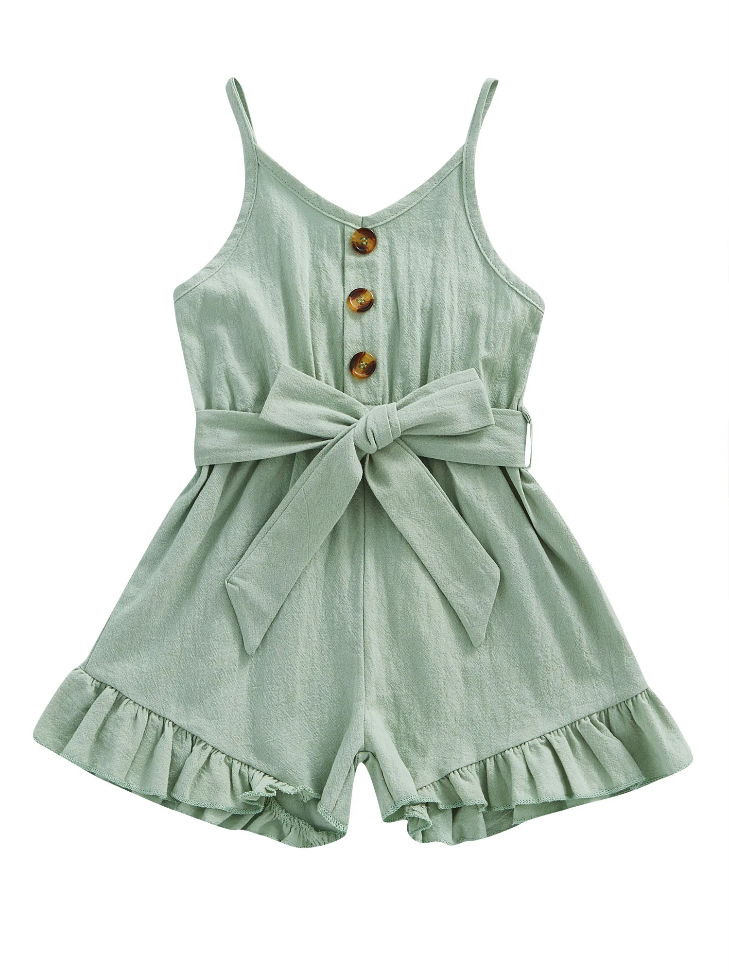 Toddler Kid Girls Sling Playsuit Spaghetti Straps V Neck Buttons Sleeveless Ruffle Hem Solid Short Jumpsuit with Belt
Toddler Kid Girls Sling Playsuit Spaghetti Straps V Neck Buttons Sleeveless Ruffle Hem Solid Short Jumpsuit with Belt