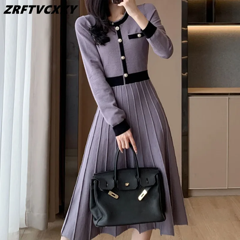 High Quality Vintage Hit Color Women Knitted Pleated Dresses Fall Winter Fashion Elegant High Waist Sweater Dress Robe Femme
High Quality Vintage Hit Color Women Knitted Pleated Dresses Fall Winter Fashion Elegant High Waist Sweater Dress Robe Femme