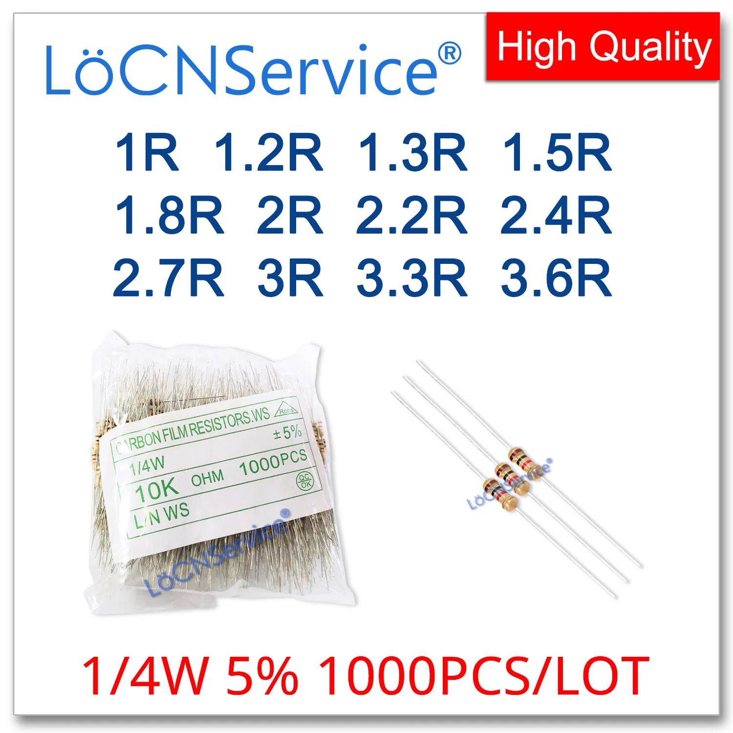 LoCNService 1000PCS/LOT 5% 1/4W 1R 1.2R 1.3R 1.5R 1.8R 2R 2.2R 2.4R 2.7R 3R 3.3R 3.6R Carbon Film Resistor DIP OHM
LoCNService 1000PCS/LOT 5% 1/4W 1R 1.2R 1.3R 1.5R 1.8R 2R 2.2R 2.4R 2.7R 3R 3.3R 3.6R Carbon Film Resistor DIP OHM