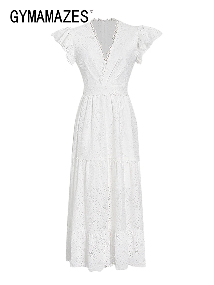 GYMAMAZES Lace Panel Hollow Out Long Dress For Women V Neck Short Sleeve High Waist Ruffle Trim Elegant Dresses Female Clothing
GYMAMAZES Lace Panel Hollow Out Long Dress For Women V Neck Short Sleeve High Waist Ruffle Trim Elegant Dresses Female Clothing