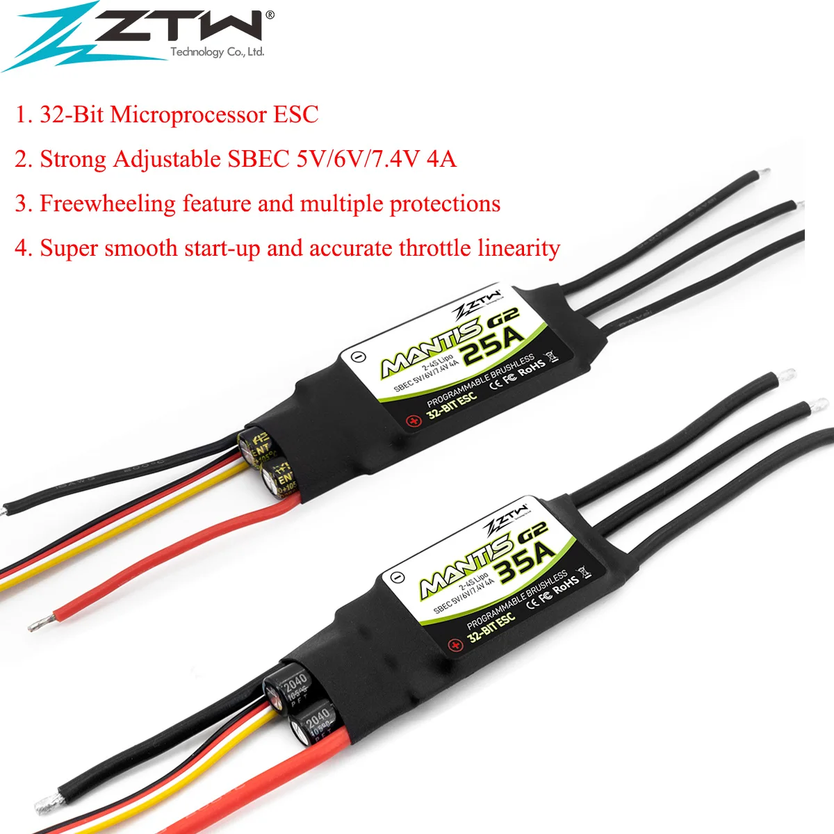 ZTW Upgraded 32-Bit Mantis G2 25A/35A ESC 2-4S Built-in 5V/6V/7.4V SBEC 4A Brushless Speed Controller For RC Airplane Fixed-wing
ZTW Upgraded 32-Bit Mantis G2 25A/35A ESC 2-4S Built-in 5V/6V/7.4V SBEC 4A Brushless Speed Controller For RC Airplane Fixed-wing
