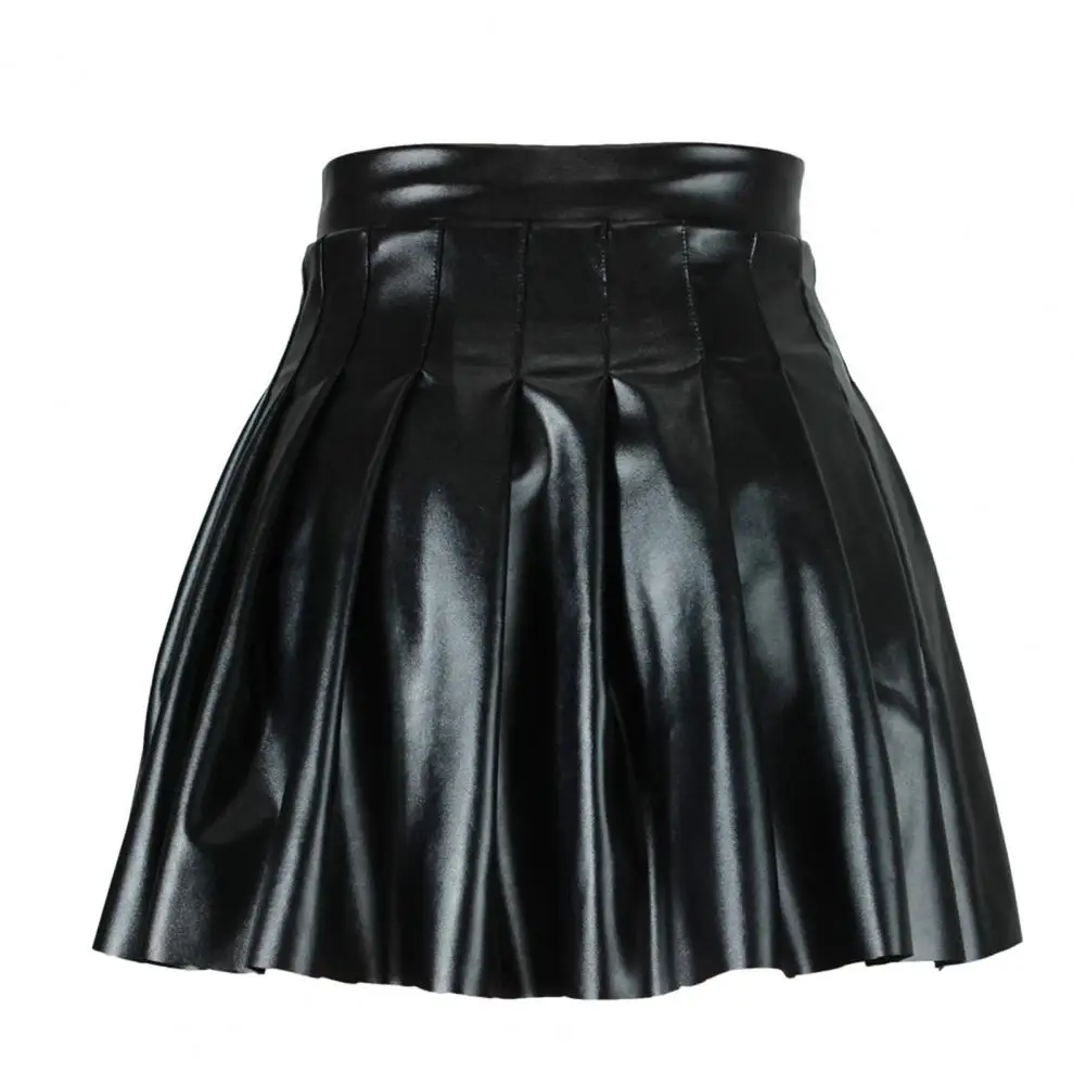 

Club Skirt Chic Faux Leather Pleated Skirts for Women High-waisted A-line Clubwear with Loose Hem Above-knee Length for Parties