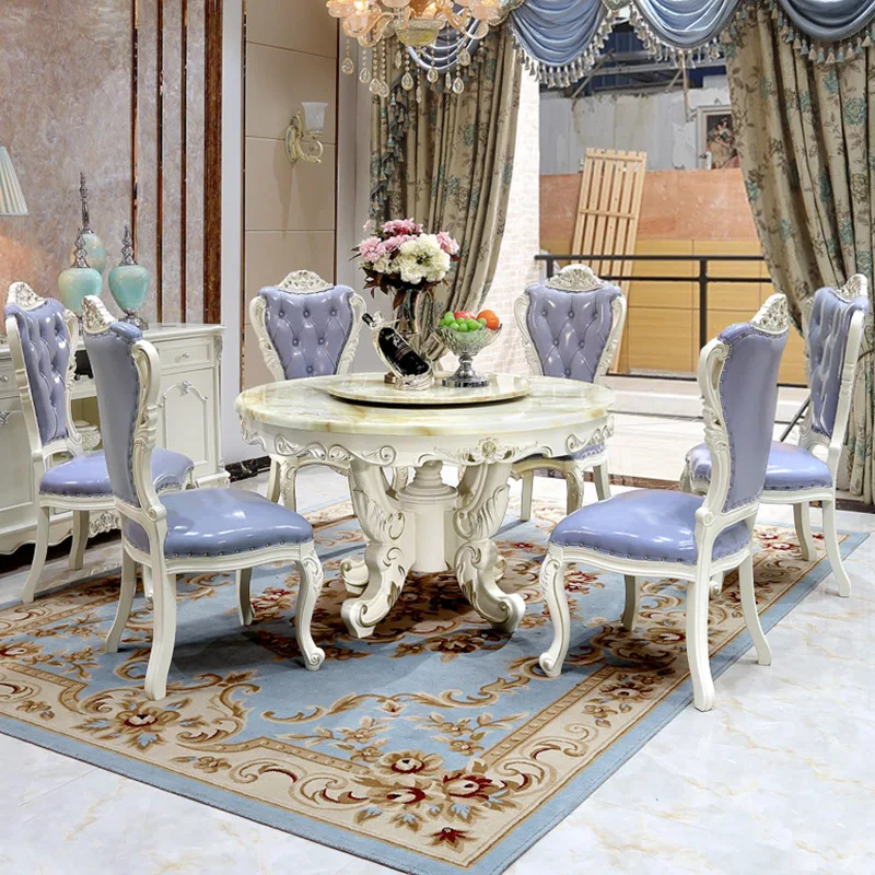 European solid wood dining table and chair combination, Simple European marble round table, carved rice table with turntable
European solid wood dining table and chair combination, Simple European marble round table, carved rice table with turntable