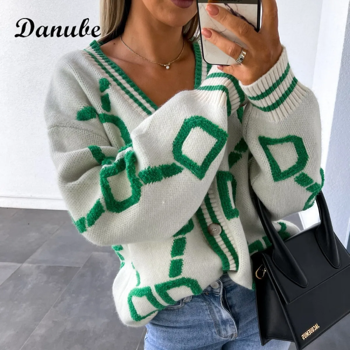 

Autumn Jacquard Kintted Cardigan Women Casual V-Neck Long Sleeve Daily Knitwear Female All-match Korean Oversize Sweater Coat