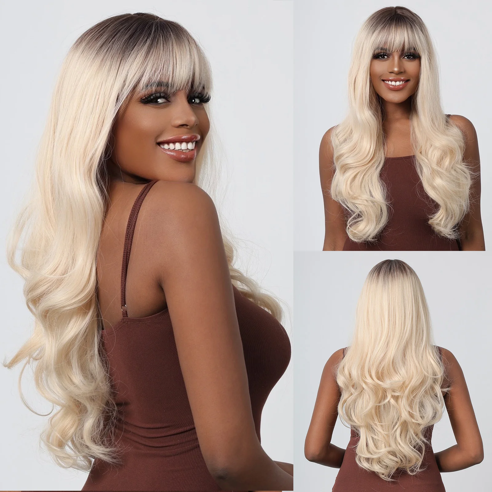 

Long Wavy Platinum Synthetic Wigs for Women Afro Black to Blonde Daily Natural Hair Wigs With Bangs Heat Resistant Cosplay Wig