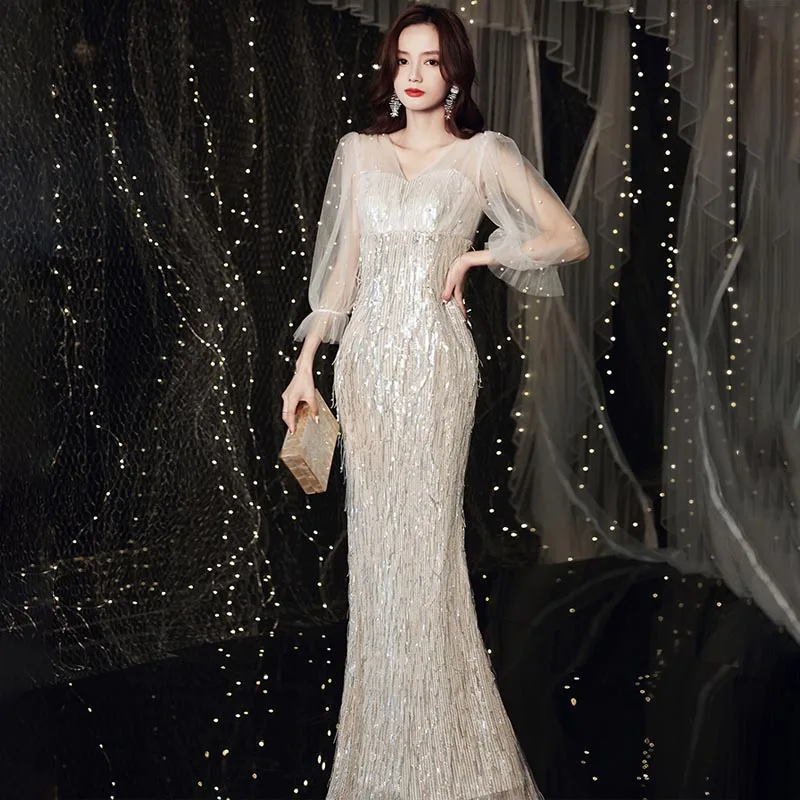 Luxurious Sequins Evening Dress V-Neck Full Sleeves Pearls Mermaid Floor-Length Zipper Back New Woman Formal Party Gown A2451 
Luxurious Sequins Evening Dress V-Neck Full Sleeves Pearls Mermaid Floor-Length Zipper Back New Woman Formal Party Gown A2451