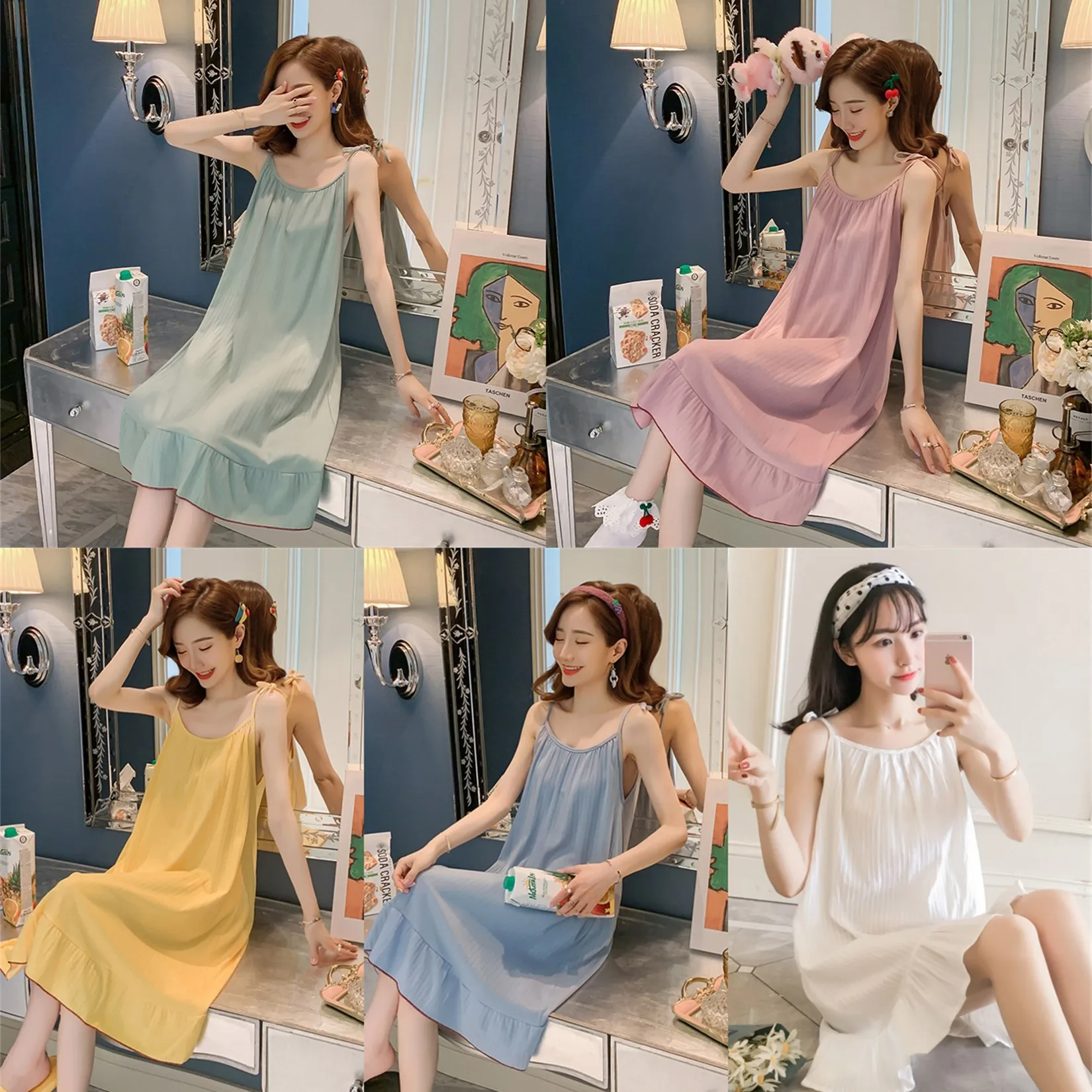 Women Nightdress Summer Korean Dress Sleeveless Sweet Style House Wear Solid Color Sleepwear Sexy Pajamas Sleepwear for Woman 
Women Nightdress Summer Korean Dress Sleeveless Sweet Style House Wear Solid Color Sleepwear Sexy Pajamas Sleepwear for Woman