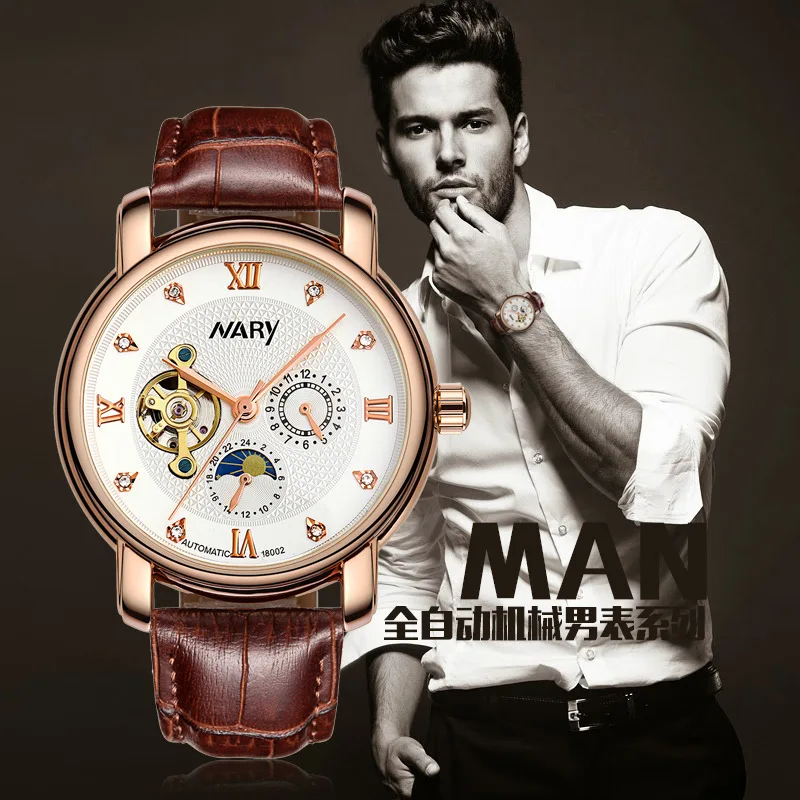NARY Mens Mechanical Wristwatches Five Needle Diamond-encrusted Hollowed Out Tourbillon Sun Moon Stars Automatic Watch Men 18002
NARY Mens Mechanical Wristwatches Five Needle Diamond-encrusted Hollowed Out Tourbillon Sun Moon Stars Automatic Watch Men 18002