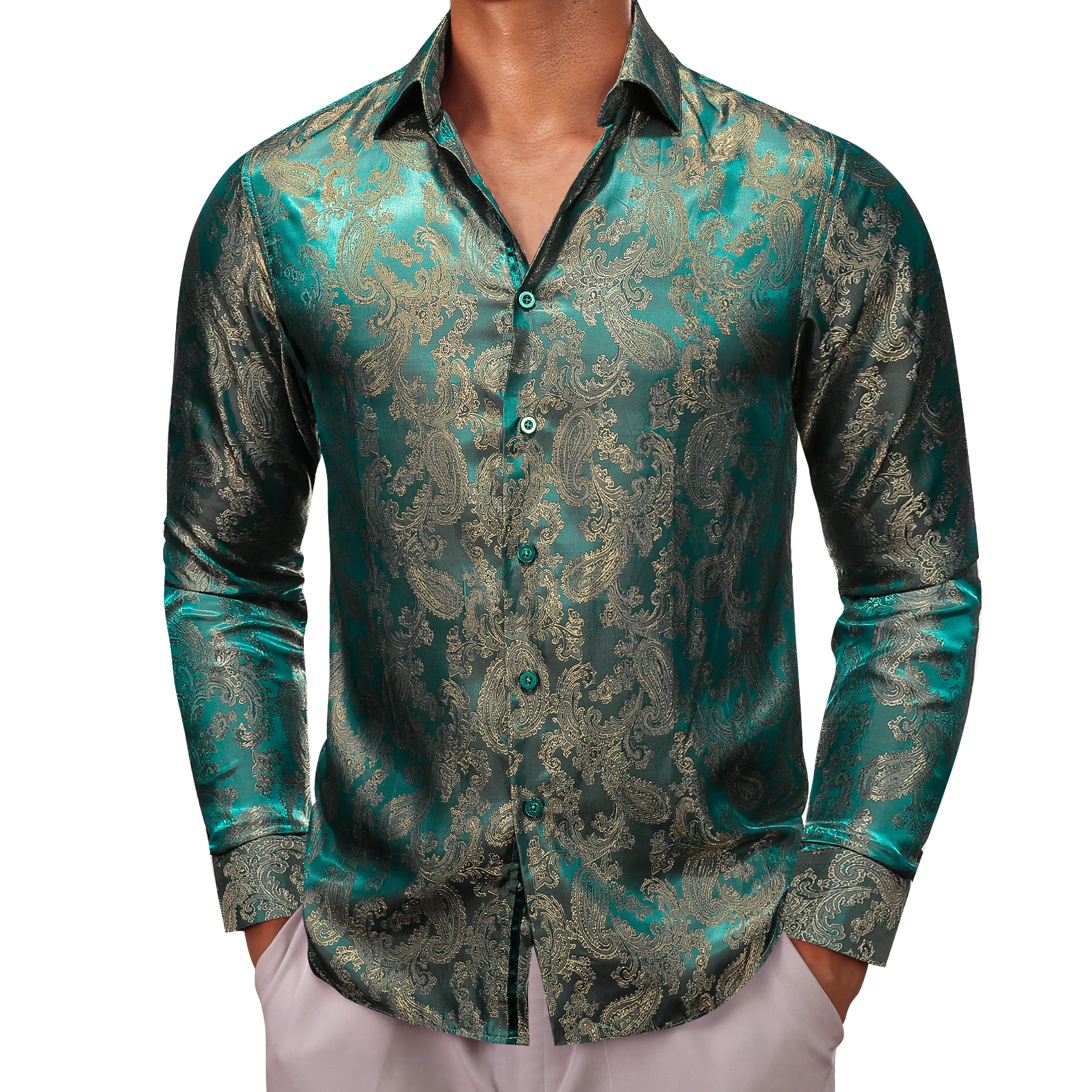 

Дизайнерские рубашки для мужчин, шелковые, с длинным рукавом, зеленые, золотые, Пейсли, приталенные, мужские блузки, повседневные, Формальные Топы, дышащие, Barry Wang