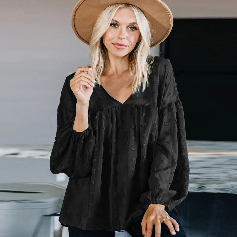 Chiffon Jacquard T-shirts Spring Autumn Women V-Neck Lantern Sleeve Tops 2021 New Solid Colors Embroidery Casual Commute Tees
Chiffon Jacquard T-shirts Spring Autumn Women V-Neck Lantern Sleeve Tops 2021 New Solid Colors Embroidery Casual Commute Tees