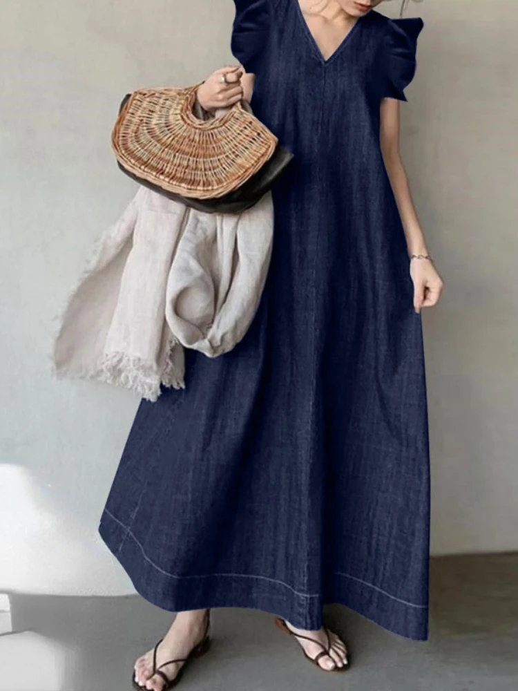 Elegant Casual Denim Blue Temperament Commuting Vneck Bohemian Loose Dress Sleeveless Street Clothing Summer 2023
Elegant Casual Denim Blue Temperament Commuting Vneck Bohemian Loose Dress Sleeveless Street Clothing Summer 2023