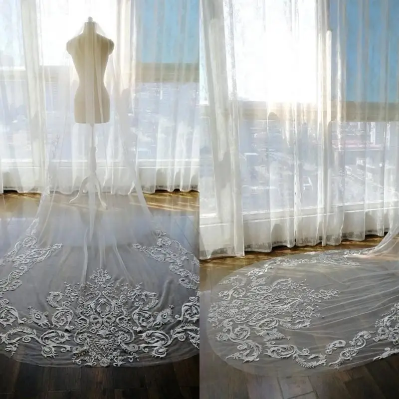 

Bridal Veils White Ivory Cathedral Length Lace Appliqued Edge One Layer Wedding Veil With Combs