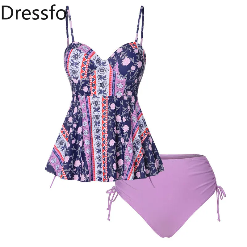 

Dressfo Tribal Modest Tankini Set Floral Push Up Underwired Swimwear Ethnic Print Two Piece Swimsuit Women Cinched Bikinis Set