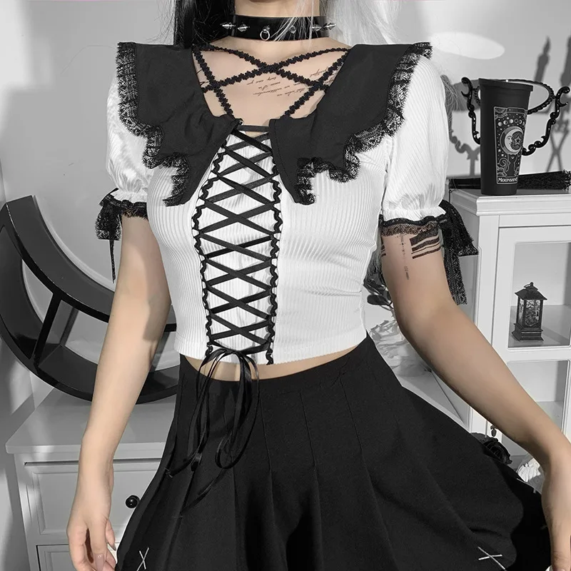 Gothic Fashion Embroidery Cross Collar Tshirt Patchwork Bandage Short Sleeve Top Drawstring T Shirt Women T Shirt
Gothic Fashion Embroidery Cross Collar Tshirt Patchwork Bandage Short Sleeve Top Drawstring T Shirt Women T Shirt
