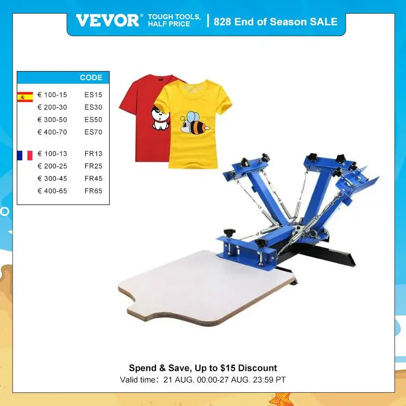 VEVOR 4 Color 1 Station Steel Silk Screen Printing Machine 21.7 x 17.7 Inch 55x45cm for T-Shirt Press Printer Equipment DIY Kit
VEVOR 4 Color 1 Station Steel Silk Screen Printing Machine 21.7 x 17.7 Inch 55x45cm for T-Shirt Press Printer Equipment DIY Kit