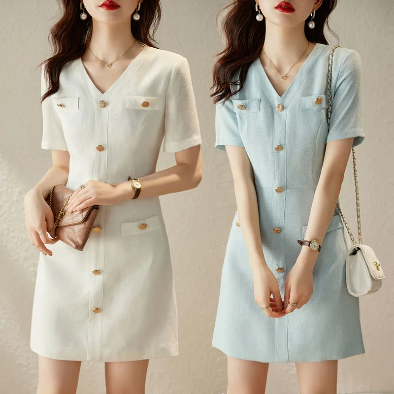 2023 Summer New Solid Color White Women's Fashion Dress Black, Short Sleeve V-neck Mid-Waist Women's Dress One Step
2023 Summer New Solid Color White Women's Fashion Dress Black, Short Sleeve V-neck Mid-Waist Women's Dress One Step