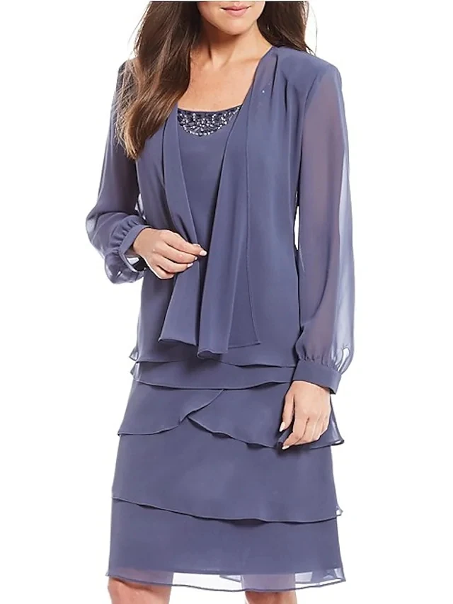 

Two Piece Mother of the Bride Dress Plus Size Jewel Neck Knee Length Chiffon Long Sleeve with Beading Tier