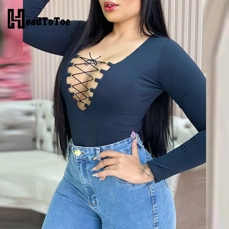 Deep V Neck Lace-up Skinny T-Shirt Tops 
Deep V Neck Lace-up Skinny T-Shirt Tops