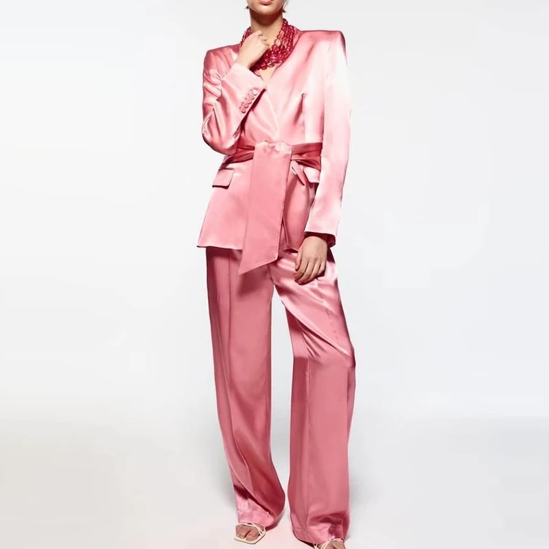 Spring 2022 Women Elegant Office Satin Sets Fashion Pink Single Button Long Sleeve Blazer Suits With High Waist Straight Pants
Spring 2022 Women Elegant Office Satin Sets Fashion Pink Single Button Long Sleeve Blazer Suits With High Waist Straight Pants