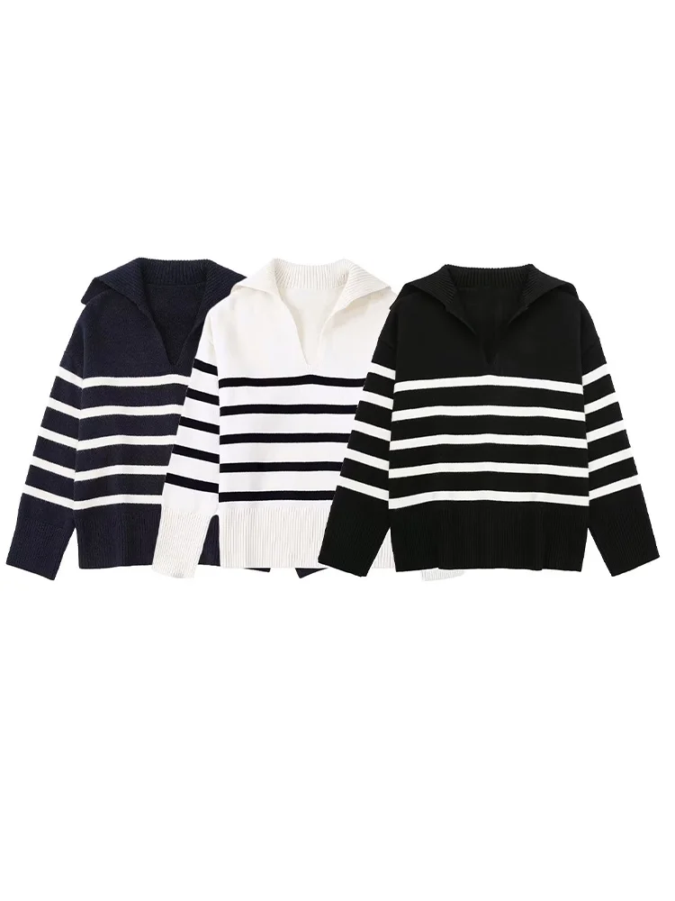 Women 2022 Autumn New Leisure Fashion Striped Knitted Sweater Vintage Lapel Long Sleeve Female Pullovers Chic Tops
Women 2022 Autumn New Leisure Fashion Striped Knitted Sweater Vintage Lapel Long Sleeve Female Pullovers Chic Tops