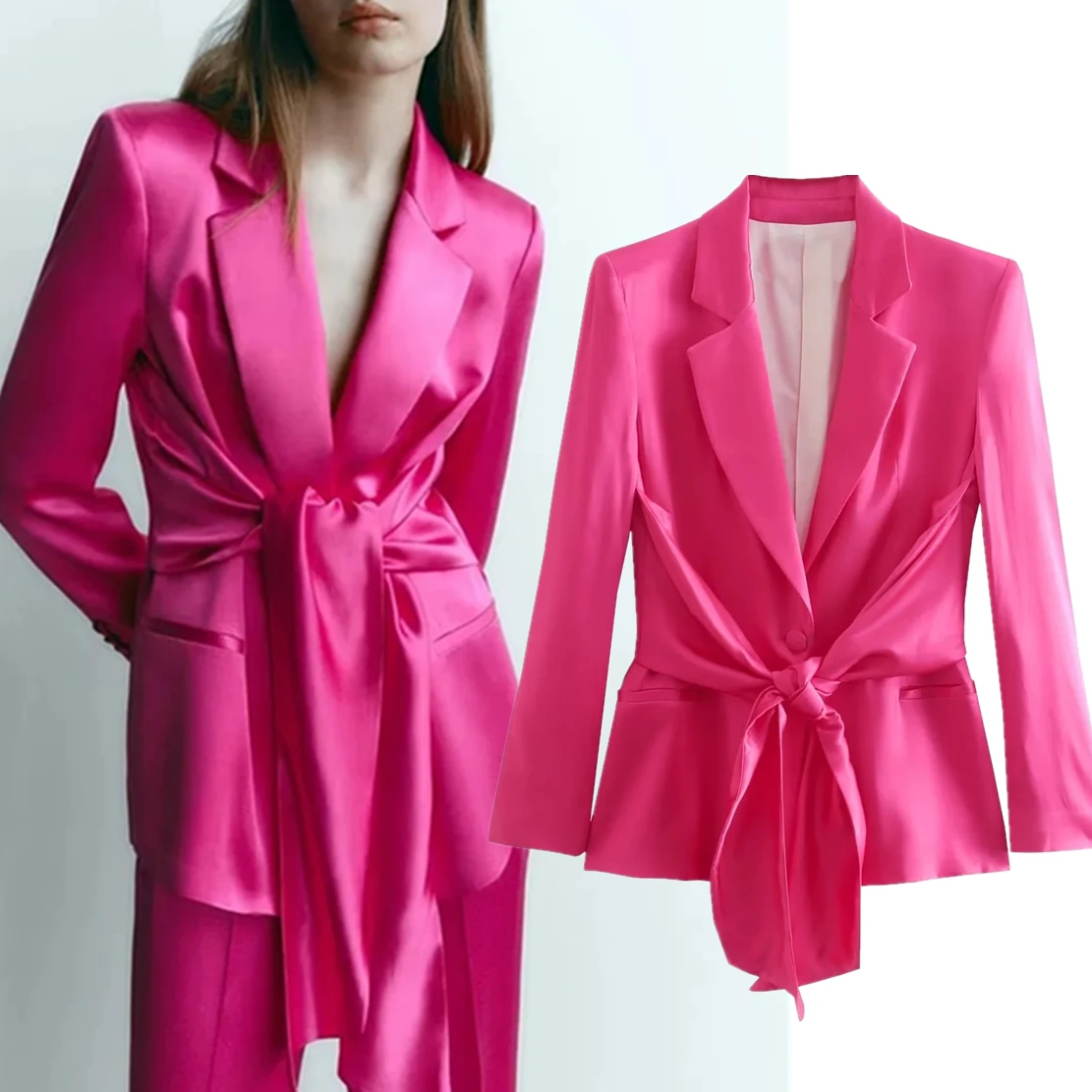 Maxdutti England Style Rose Color Fashion Satin Silk Blazers Tops Sashes Notched Jackets Women
Maxdutti England Style Rose Color Fashion Satin Silk Blazers Tops Sashes Notched Jackets Women