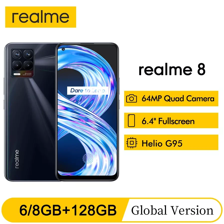 

Global Version realme 8 6.4"FHD+ AMOLED Display 6/8GB 128GB 64MP Quad Camera Helio G95 5000mAh Battery 30W Charge NFC Phone