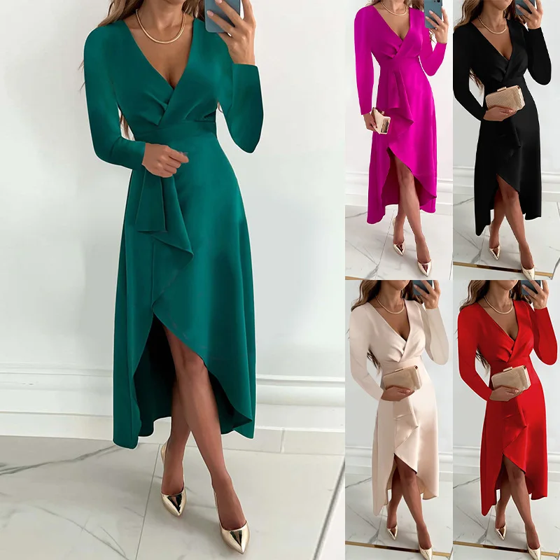 2023 spring and summer women's elegant ins long sleeve V-neck pleated hem split dress
2023 spring and summer women's elegant ins long sleeve V-neck pleated hem split dress