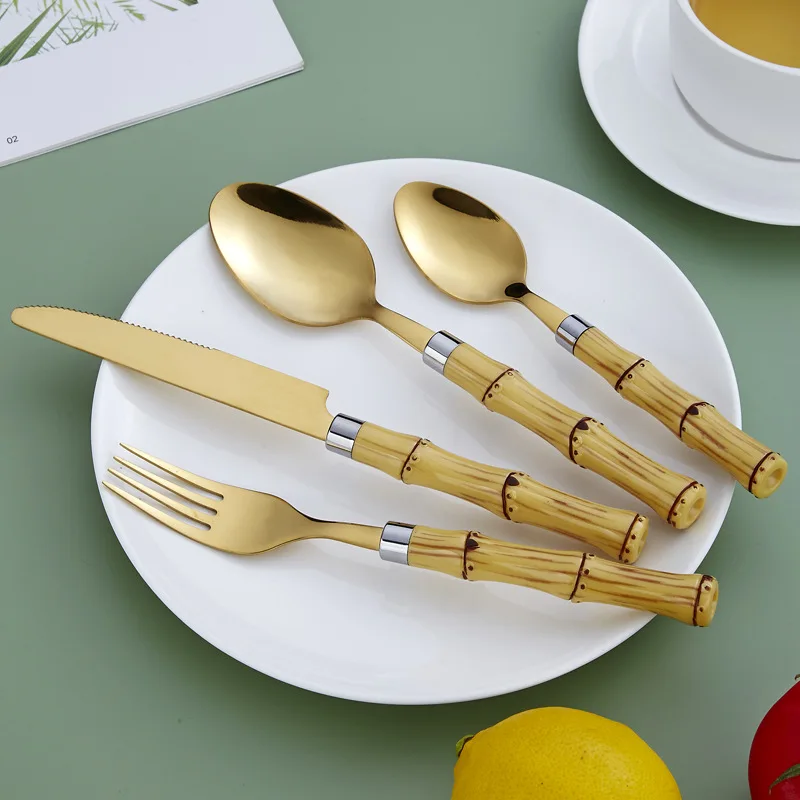 24Pcs Golden Cutlery Set Plastic Bamboo Handle Stainless Steel Knife Fork Spoon Tableware Flatware Festival Kitchen Dinnerware
24Pcs Golden Cutlery Set Plastic Bamboo Handle Stainless Steel Knife Fork Spoon Tableware Flatware Festival Kitchen Dinnerware
