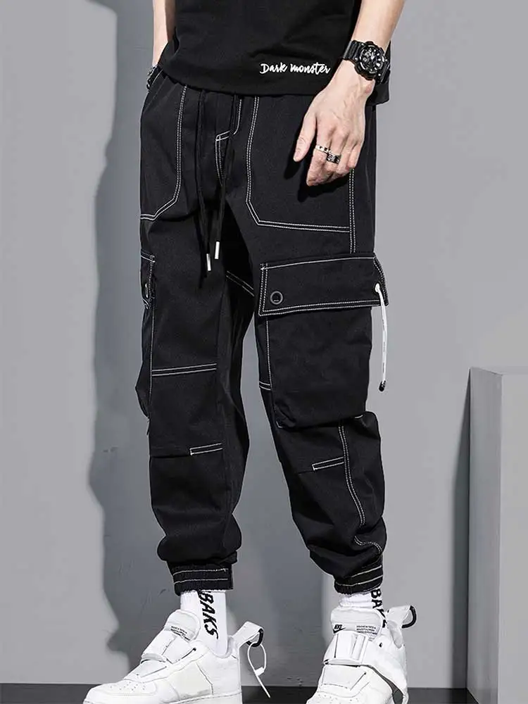 

ZAFUL Men's Cargo Pants Solid Topstitching Streetwear Tooling Trousers Casual Beam Feet Elastic Jogger Pants with Pockets