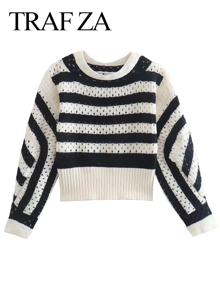 Женский полосатый пуловер с длинным рукавом, с круглым вырезом 
Женский полосатый пуловер с длинным рукавом, с круглым вырезом