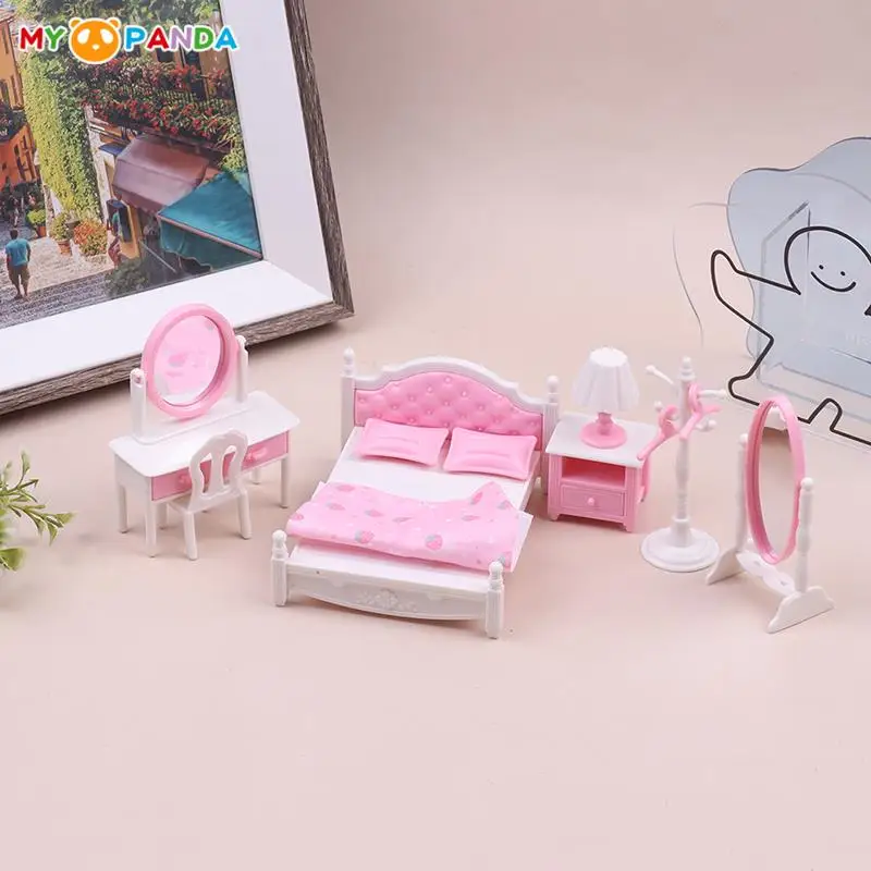 

1Set Dollhouse Miniature Furniture Bedroom Bed Dresser Nightstand Hanger Model DIY Simulated Mini Play House Toys Accessories
