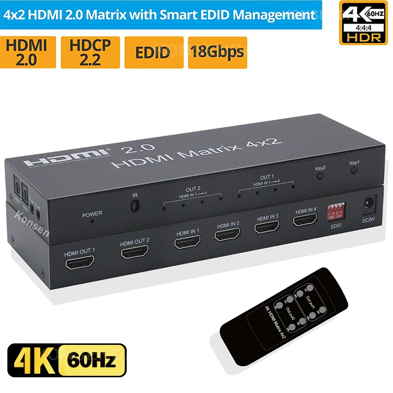 Матричный коммутатор 4K 60 Гц HDMI, видеопереключатель 4 х2 HDMI, разветвитель 4 в 2 выхода с оптическим экстрактором аудио L/R с ИК-пультом дистанцио...
Матричный коммутатор 4K 60 Гц HDMI, видеопереключатель 4 х2 HDMI, разветвитель 4 в 2 выхода с оптическим экстрактором аудио L/R с ИК-пультом дистанцио...