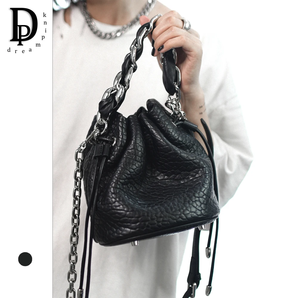 Metal Chain Women Bucket Bag Luxury Genuine Leather Soft Drawstring Top Handle Purse Handbag Black Sheepskin Lady Crossbody Bag
Metal Chain Women Bucket Bag Luxury Genuine Leather Soft Drawstring Top Handle Purse Handbag Black Sheepskin Lady Crossbody Bag