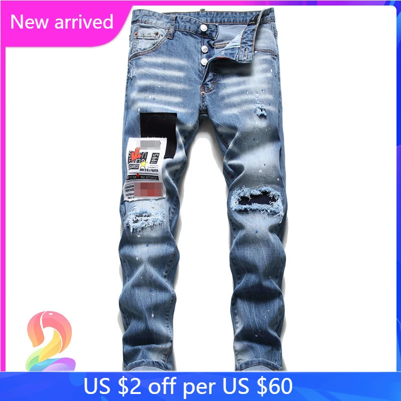 

DSQ2 Denim Pants High Quality Ripped Hole Patch Hip Hop Button Fly DSQ 2 Trousers Oversize Jeans Men