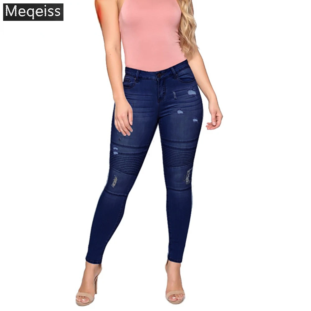 

Meqeiss Skinny Jeans Women Moto Biker Cotton Denim Pants Anker Length Pencil Pants Casual Trousers Blue Stretchy Ripped Jeans