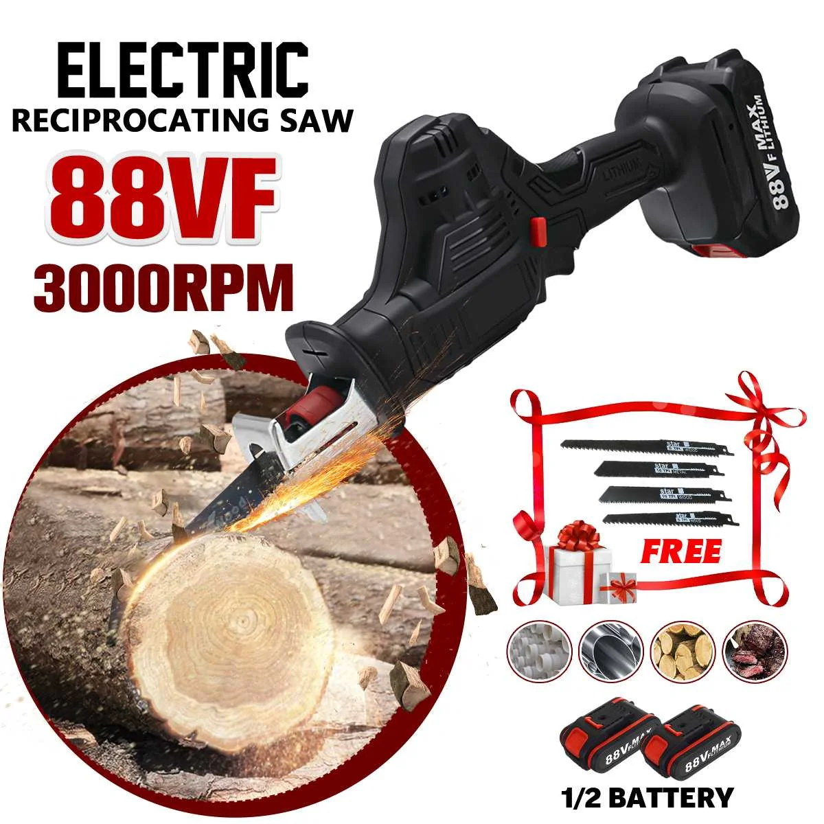 88VF Cordless Reciprocating Saw Set Rechargeable Electric Saw with 1/2 Li-ion Battery 4 Saw Blades Wood Cutting Tool
88VF Cordless Reciprocating Saw Set Rechargeable Electric Saw with 1/2 Li-ion Battery 4 Saw Blades Wood Cutting Tool