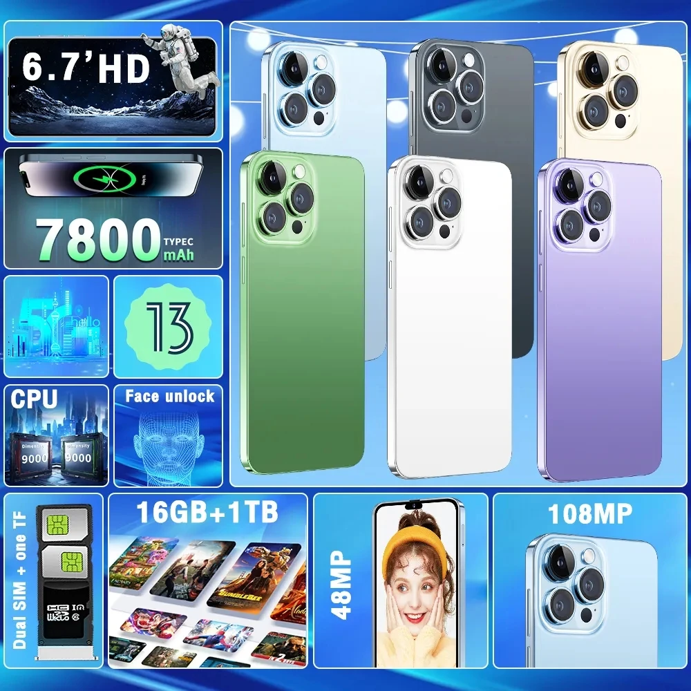 New I15Por Max 6.7 Inch Smartphone 5G 16GB+1TB Cellphones 7800mAh 108MP Camera Mobile Phones Android 13 Global Version Cell Pho
New I15Por Max 6.7 Inch Smartphone 5G 16GB+1TB Cellphones 7800mAh 108MP Camera Mobile Phones Android 13 Global Version Cell Pho