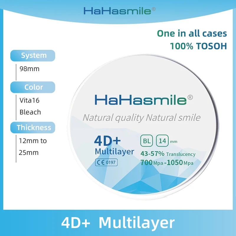 HaHasmile 4D+ 100% Tosoh 98mm BL Multilayer Zirconia Block High Strength Dental Fixed Zirconia Disc Restoration Care Material
HaHasmile 4D+ 100% Tosoh 98mm BL Multilayer Zirconia Block High Strength Dental Fixed Zirconia Disc Restoration Care Material