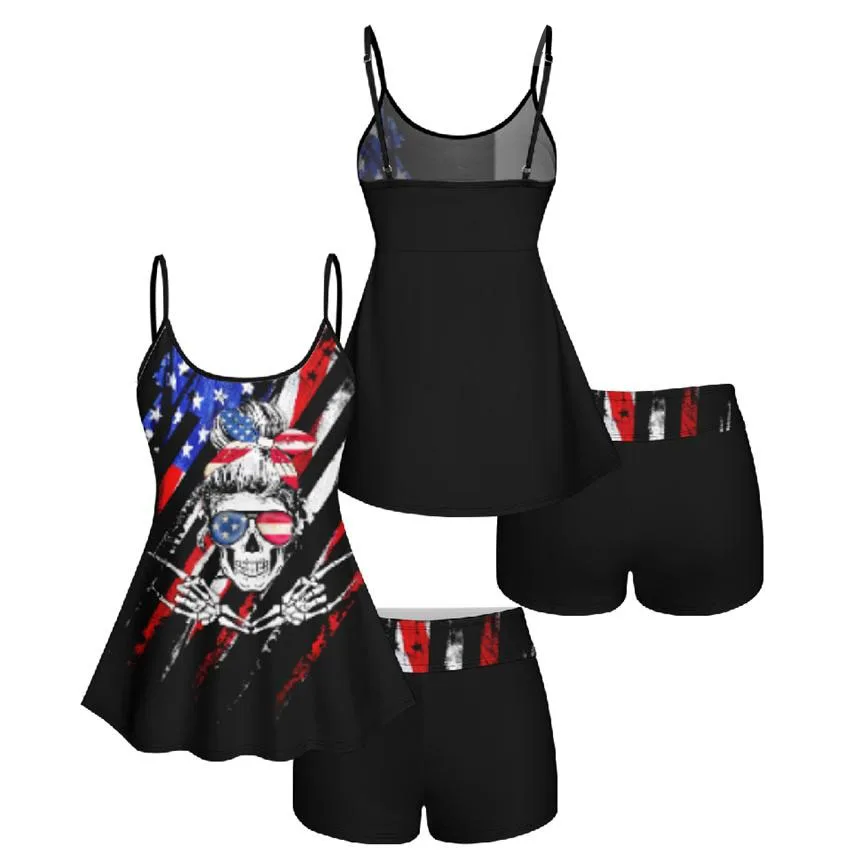 

Plus Size Skeleton Patriotic American Flag Printed Tankini Swimsuit 2 Pieces Women Summer Bathing Suits Adjustable Strap