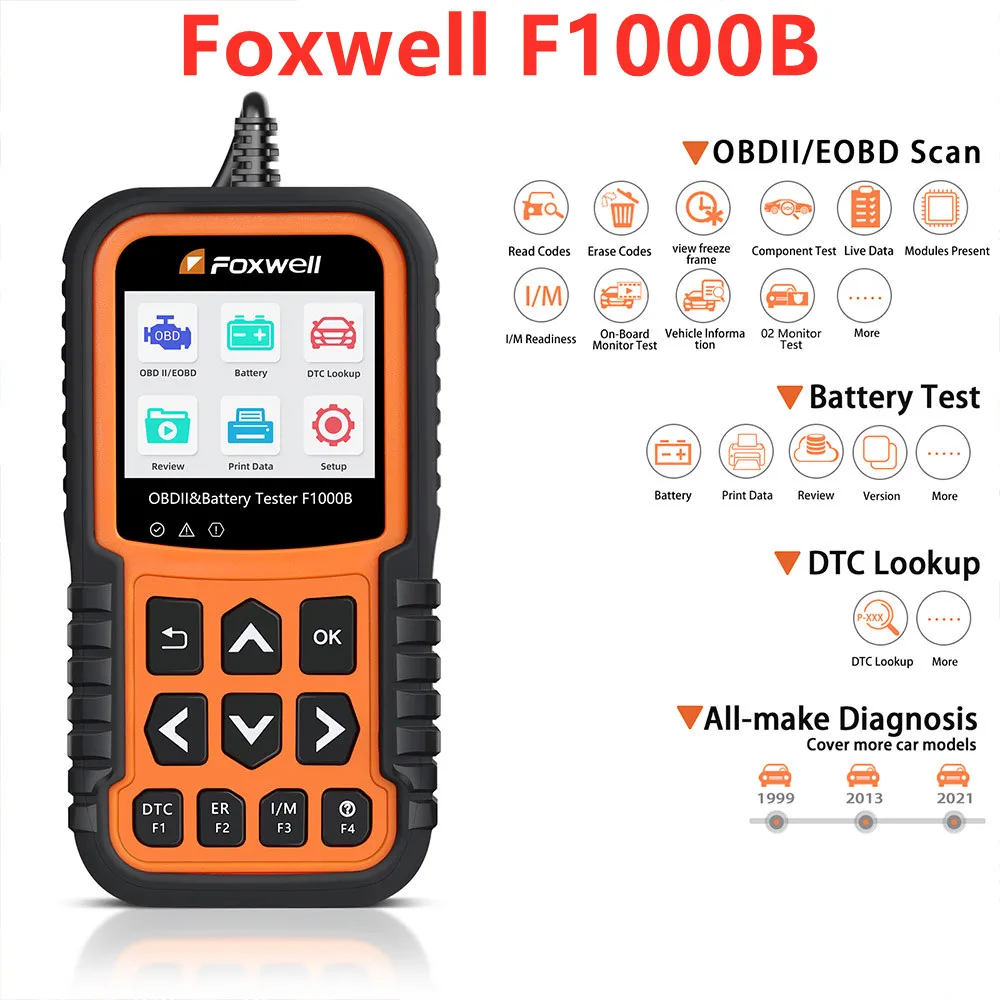 Foxwell F1000B CAN OBDII/EOBD Code Reader & Battery Tester 2 in 1 12V Battery Analyzer OBD Code Reader Free Update Lifetime
Foxwell F1000B CAN OBDII/EOBD Code Reader & Battery Tester 2 in 1 12V Battery Analyzer OBD Code Reader Free Update Lifetime
