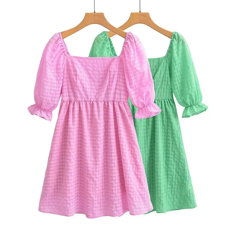 

Милое розовое облегающее эластичное клетчатое короткое платье для девочек, весна 2023, женское Повседневное платье-трапеция с пышными рукавами, женские платья с открытой спиной
