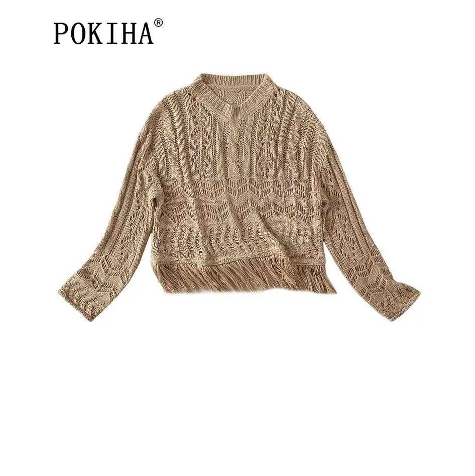 

Pokiha Fashion Vintage Women Solid Fringed O Neck Long Sleeved Hollowed Out Design Knitting Sweater Female Chic Loose Pullovers