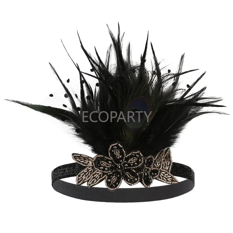 

1920s Headpiece Black Flapper Feather Headband Great gatsby hair cream Headdress Vintage Party Costume Dress Hair Accessories