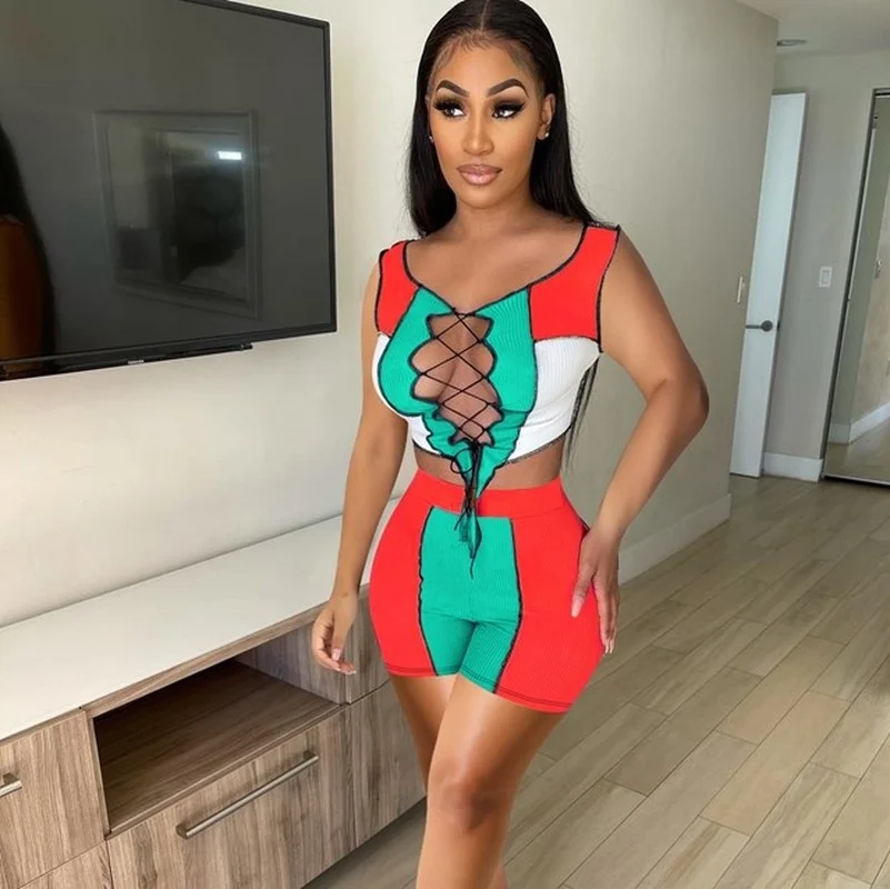 Summer Lace-up Crop Top + Biker Shorts Set Streetwear Sexy 2 Piece Set Color Patchwork Ribbed Two Piece Outfits Women
Summer Lace-up Crop Top + Biker Shorts Set Streetwear Sexy 2 Piece Set Color Patchwork Ribbed Two Piece Outfits Women